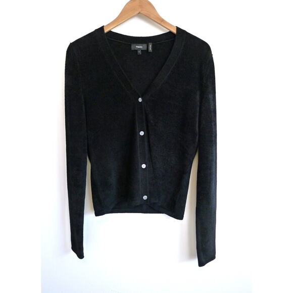 THEORY Black Velvet Rib Knit V-Neck Cardigan Sweater Top Net-A-Porter S $295 - Picture 4 of 12
